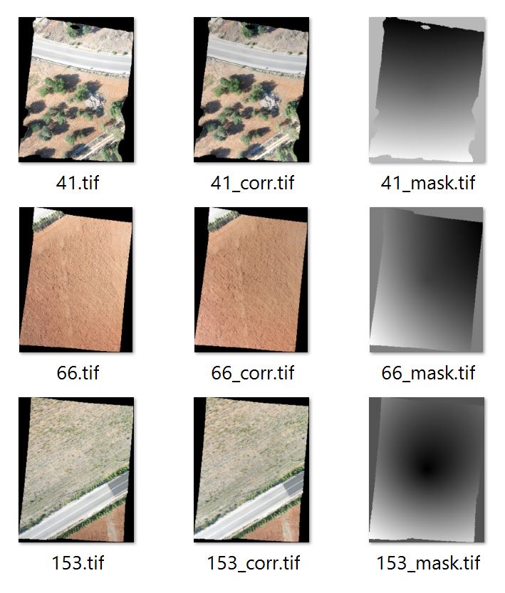 Examples of illumination errors due to over- and underexposure effects resulting from changes in brightness across the images (top), BRDF illumination differences (middle) as well as vignetting (bottom), and their correction in Mavis