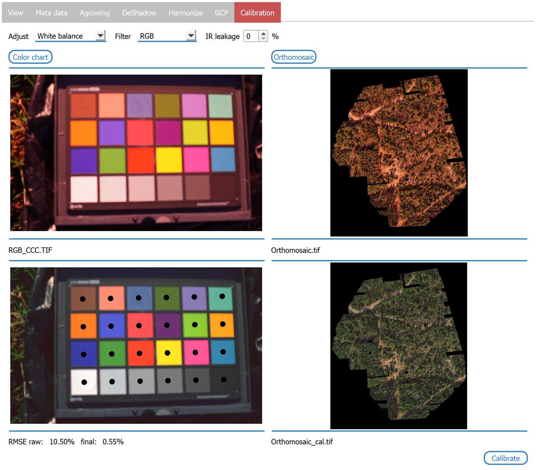 Calibration of the white balance an [Agrowing ](/agrowing.md)RGB orthomosaic in Mavis